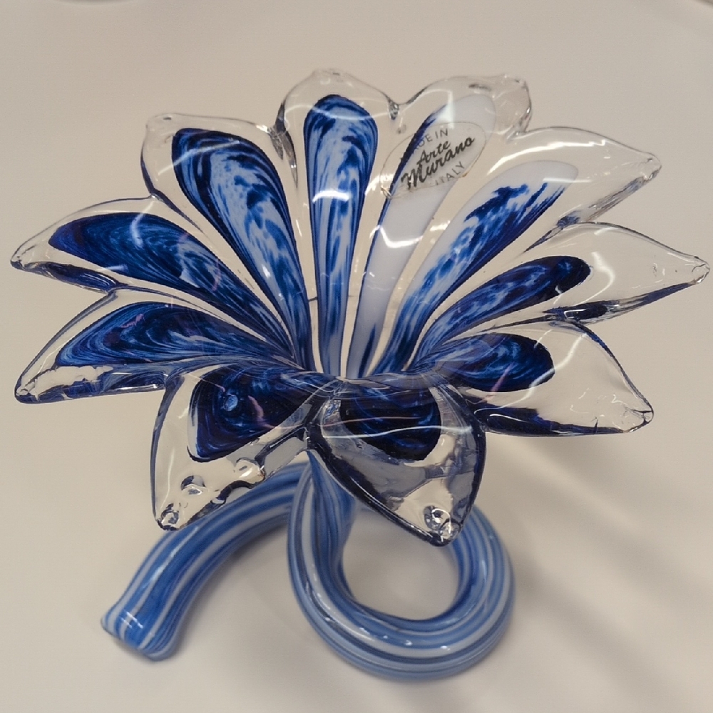 Murano Glass Art Blue and White Floral Sculpture
